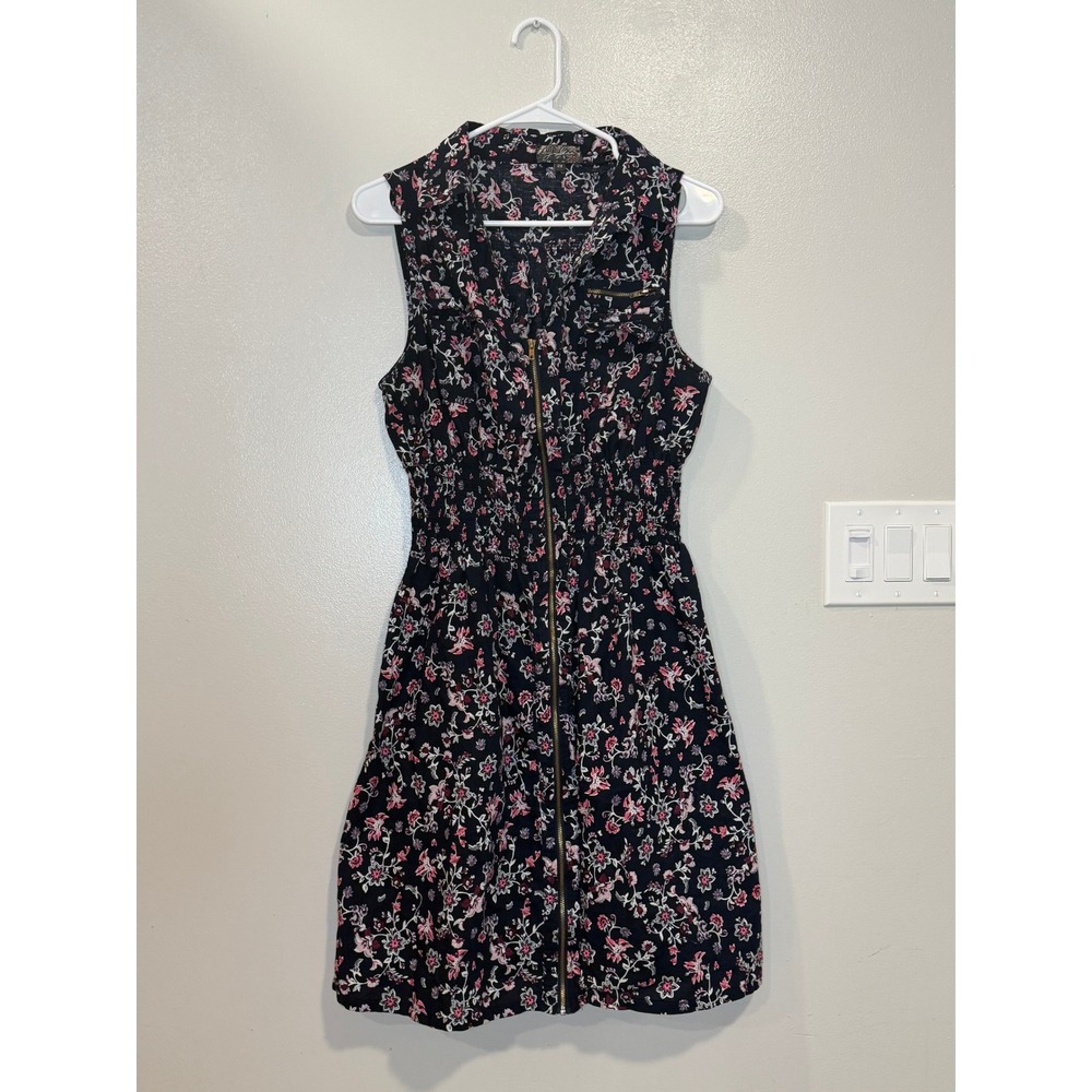 J. Lee Floral Sleeveless Full Zip Cotton Dress Navy Pink XL Smocked Waist